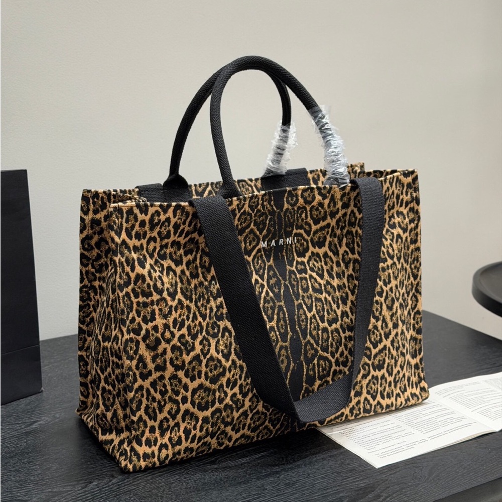 Marni Leopard Print Canvas Tote Bag with Dual Straps